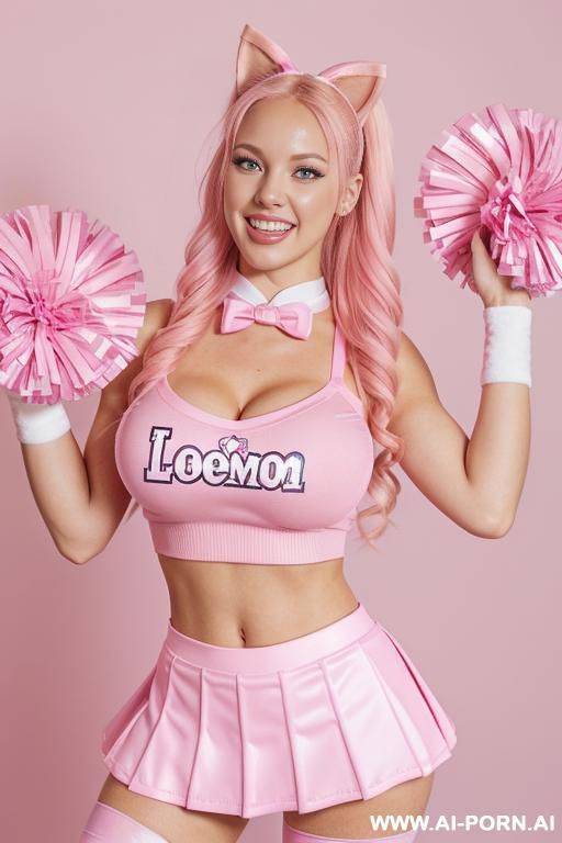 blonde european beauty, blue eyes, huge massive gigantic boobs, in the middle of two big pink plushie bears, light pink tight cropped shirt with cartoon animal, pink sailor skirt, long socks, - #main