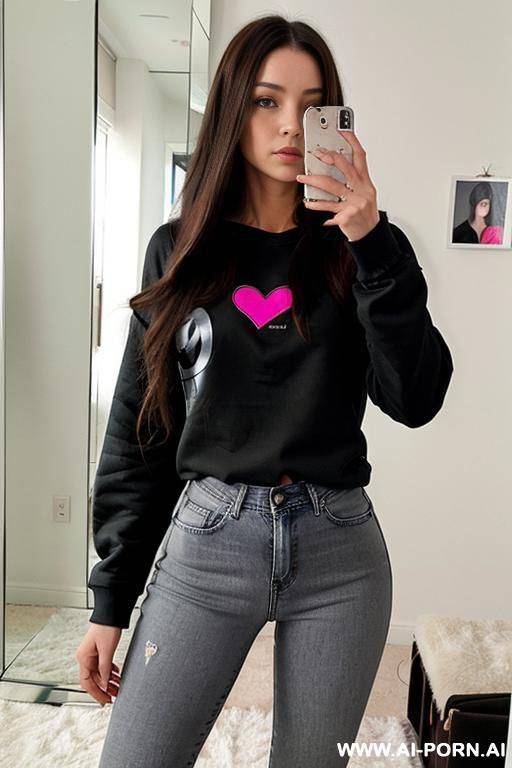 woman long hair jeans black sweatshirt with heart selfie photo in the mirror - #main