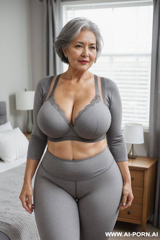 0 year old grandma, full body, standing, old lady, very visible signs of age, short gray hair, triangle hips, thick thighs, wearing gray leggings and bra, master bedroom - #main