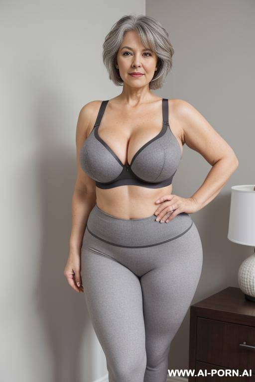 0 year old grandma, full body, standing, lady, very visible signs of age, short gray hair, triangle hips, thick thighs, wearing gray leggings and bra, master bedroom - #main