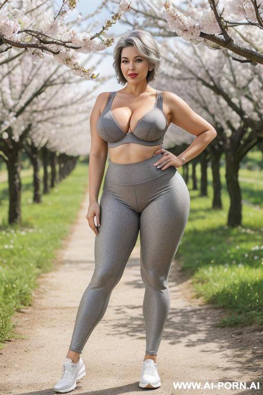 0 year old grandmother, full body, standing, age marks very apparent, short gray hair, triangle hips, thick thighs, wearing gray leggings and bra - #main