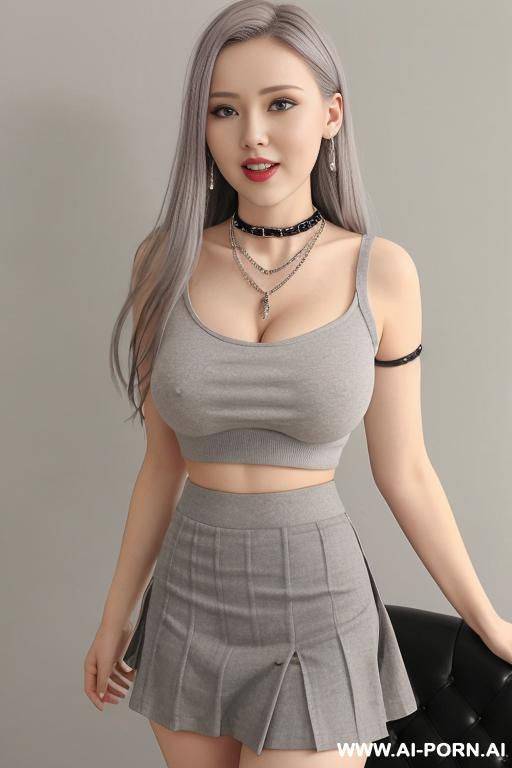 chocker necklace, grey crop top on top, ((grey short skirt on bot)), ((secretary)) - #main