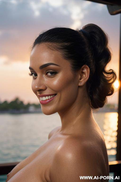 beautiful curly ponytail, cinematic shot, (very saggy boobs), wide hips, hyperrealism, photorealism, sharp focus, dynamic lighting, cinemascope, fine details, superb cinematic, dark strong eyeliner, big lips, supermodel - #main