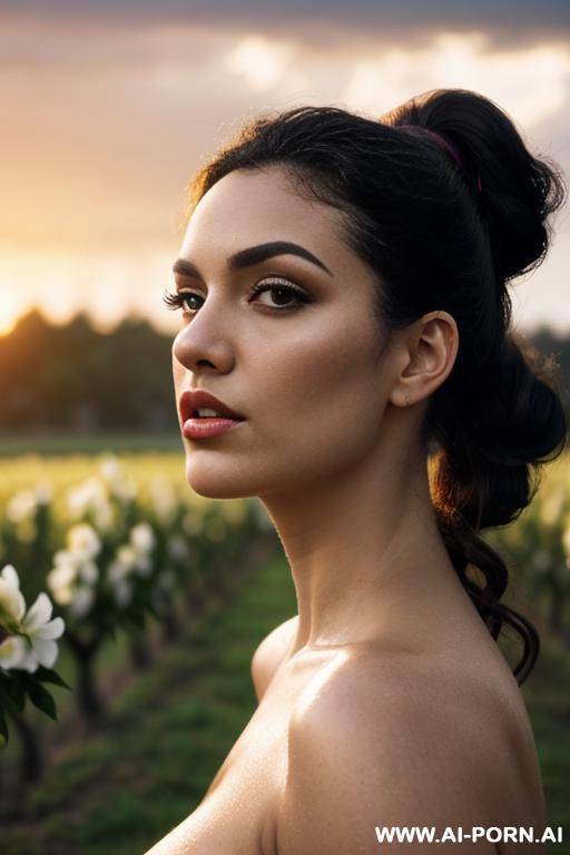 beautiful curly ponytail, cinematic shot, (very saggy boobs, woman looking up), wide hips, hyperrealism, photorealism, sharp focus, dynamic lighting, cinemascope, fine details, superb cinematic, dark strong eyeliner, big lips - #main