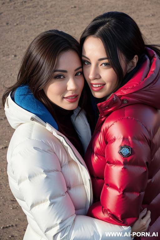 two brunettes wearing gigantic oversized puffer jackets, hugging each other, orgasm, view from above - #main