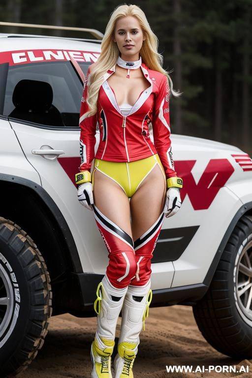 woman long hair blonde motocross outfit denmark flag full body - #main