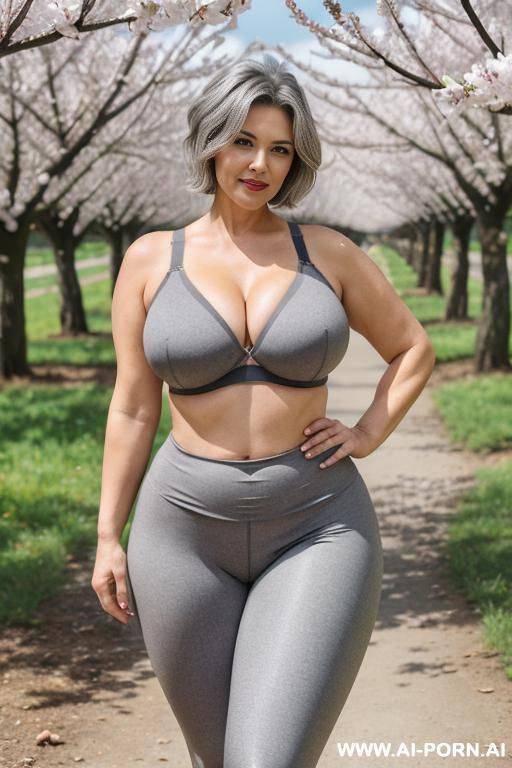 0 year old grandma, full body, standing, age marks very apparent, short gray hair, triangle hips, thick thighs, wearing gray leggings and bra - #main