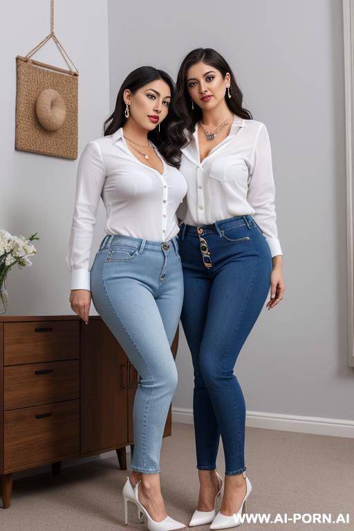 cuddling 2 lesbian beautiful 2 old woman wear cropped blue extra tight jeans, white colour long slieve office shirt and white colour ankle strap heels, standing, full body till heels, some - #main