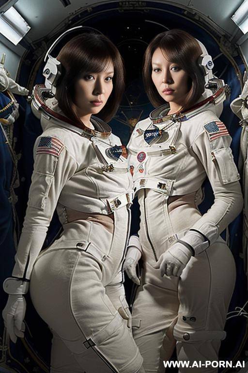 (((scared astronaut woman)), (half-naked astronaut cosplay), ((looking at the camera)), ((eyes contact)), full body view, ((massive hips)), huge curves, huge cleavage, legs open, (pussy visible), ((no panties)), astronaut helmet - #main