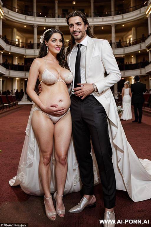 a lot of people in the background inside a beautiful opera with carpets, a lot of spectators. a naked beautiful pregnant woman with italian beauty, in a wedding veil, white high heels, black - #main