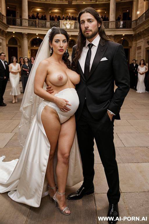 lots of people in the background inside a beautiful opera with carpets, lots of spectators. completely naked beautiful pregnant woman with italian beauty, in a wedding veil, white high heels, - #main