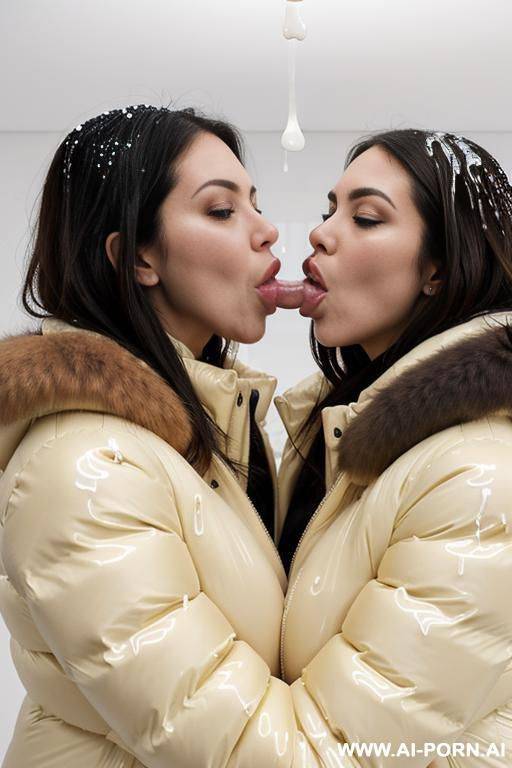 two brunettes wearing gigantic oversized puffer jackets, hugging each other, view from above, hugs boobs, (lots of cum:1.3), ((covered with cum:1.2)), (thick cum on faces) - #main