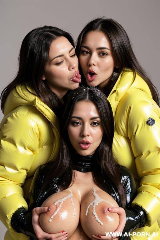 two brunettes wearing gigantic oversized puffer jackets, hugging each other, hugs boobs, (lots of cum:1.3), ((covered with cum:1.2)), (thick cum on faces), looking at camera - #main