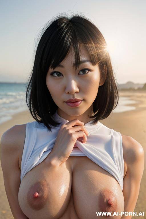 slender lean fitness model standing on a beach, ((((massive breasts)))), short hair - #main