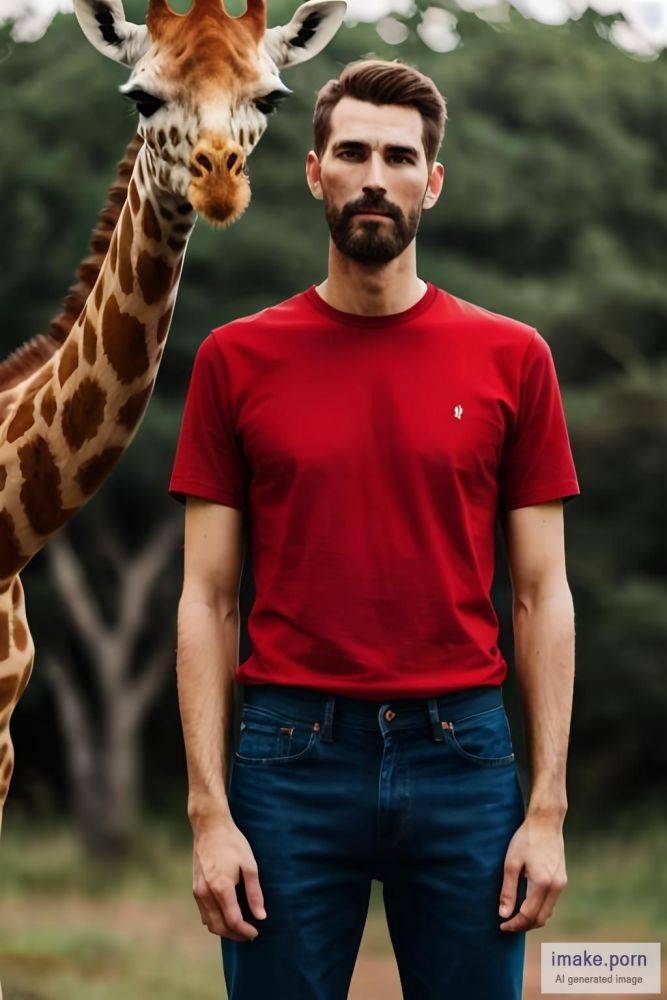 Really tall man in a red T-shirt and blue jeans in front of a... - #main