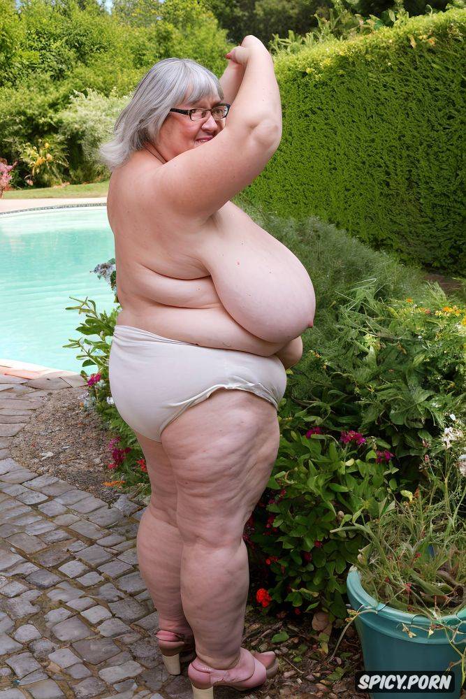 side view, an old fat woman naked with obese ssbbw belly, small shrink boobs - #main