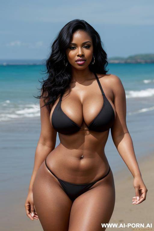 tall, gorgeous curvy black milf, gorgeous face, thick lips, black eyes, wavy black hair, curvy hourglass body, gigantic boobs, abs, waist, huge ass, thick legs, standing up, full body picture, purple micro bikini - #main