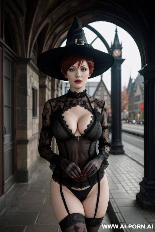 witch, lewd revealing black see through lace witch outfit, witches hat, frail, red hair - #main