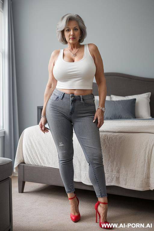 0 year old grandmother, full body, standing, short gray hair, lady, very visible signs of aging, triangular hips, thick thighs, blue jeans, white tank top, red high heels, master bedroom - #main