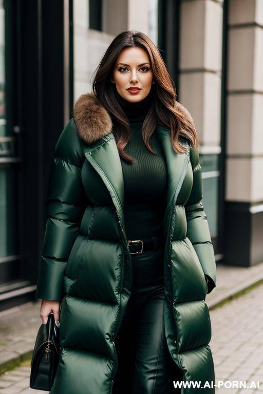 brunette secretary wearing gigantic oversized green puffer coat, gigantic boobs, in hamburg - #main