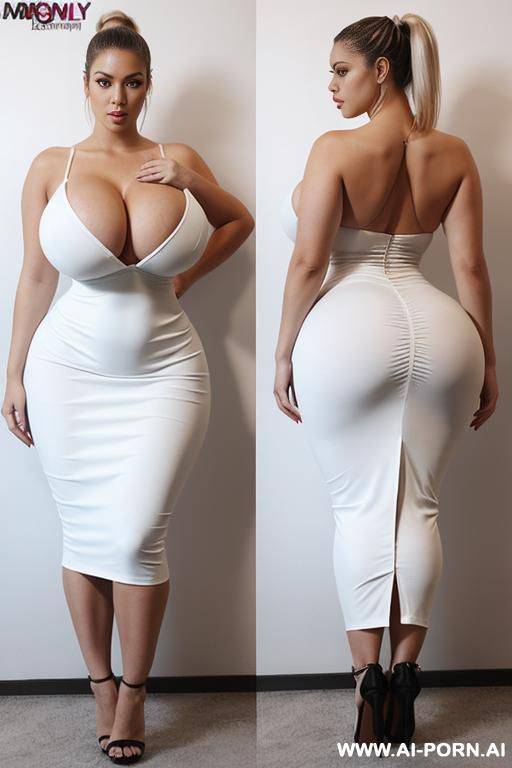 massive tits, massive ass, big hips, big waist, more big boobs, beautiful woman, more big hips, full body picture, ponytail hair, more thick, more big ass, used white dress - #main