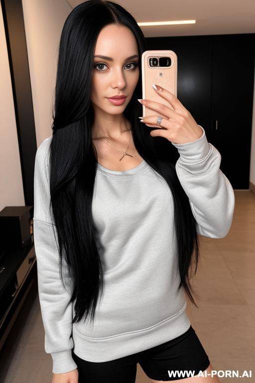 woman long hair low neck sweatshirt black tight selfie night - #main