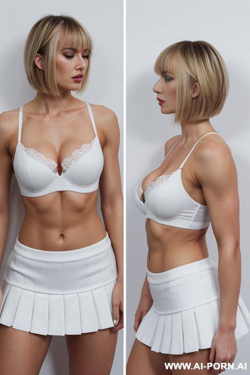 germans, blonde, short straight hair, bangs, muscles, big ass, abs, navel piercing, white bra, white frilly skirt, eyes closed, tall, full body, side view, kissing - #main