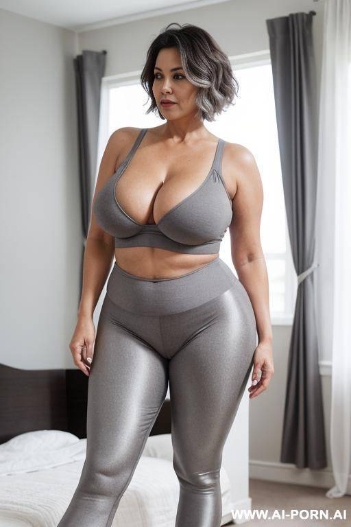 0-year-old grandmother, full body, standing, gray short hair, lady, very visible age marks, triangle hips, thick thighs, wearing gray leggins, master bedroom - #main