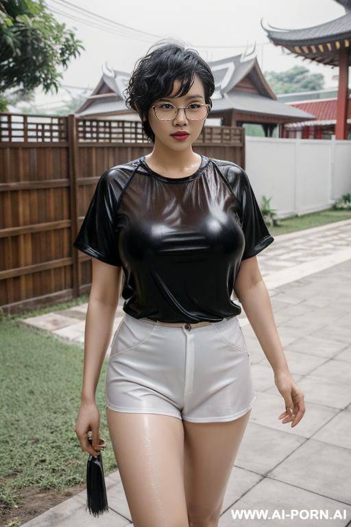 thailand, chinese woman ((big breasts)), short bob hair, glasses, walking, fixing her hair, in front of the house, fence ((white wet t-shirt)), two man - #main