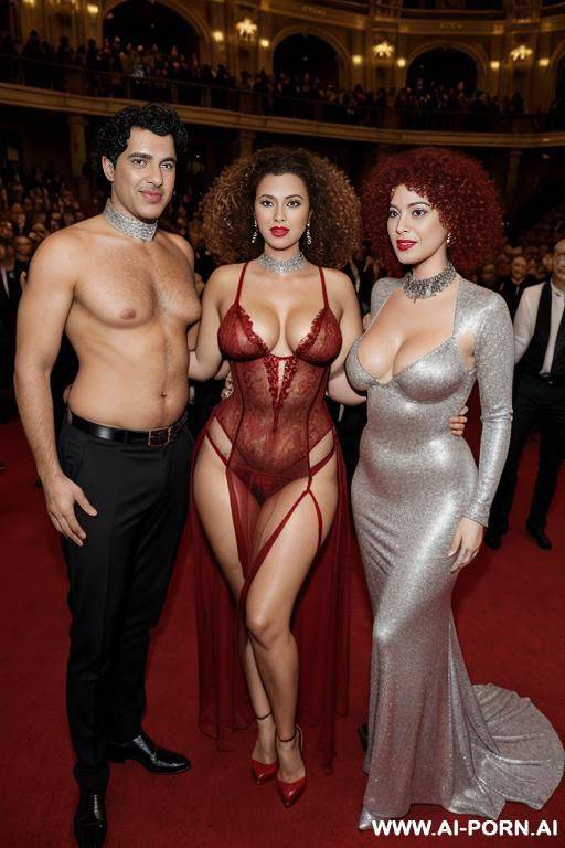 woman and two men. many people in the background in the middle of a beautiful opera with carpets, many spectators, many red.naked breasts, red large collar with a chain, huge silver earrings, - #main