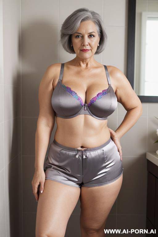 0 year old grandma, full body, standing, lady, very visible signs of age, short gray hair, triangular hips, thick thighs, wearing colorful satin shorts and bra, bathroom - #main