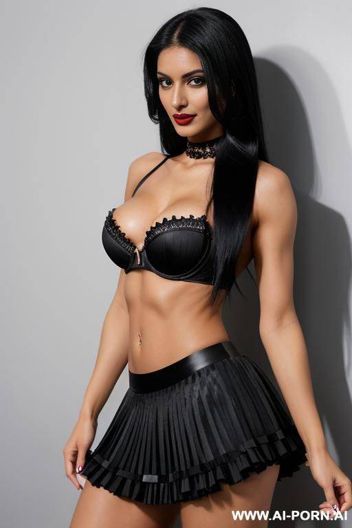 indians, black hair, long straight hair, muscles, abs, navel piercing, jet black lipstick, black bra, black frilly skirt, seductive, looking at camera, full body, arms up - #main