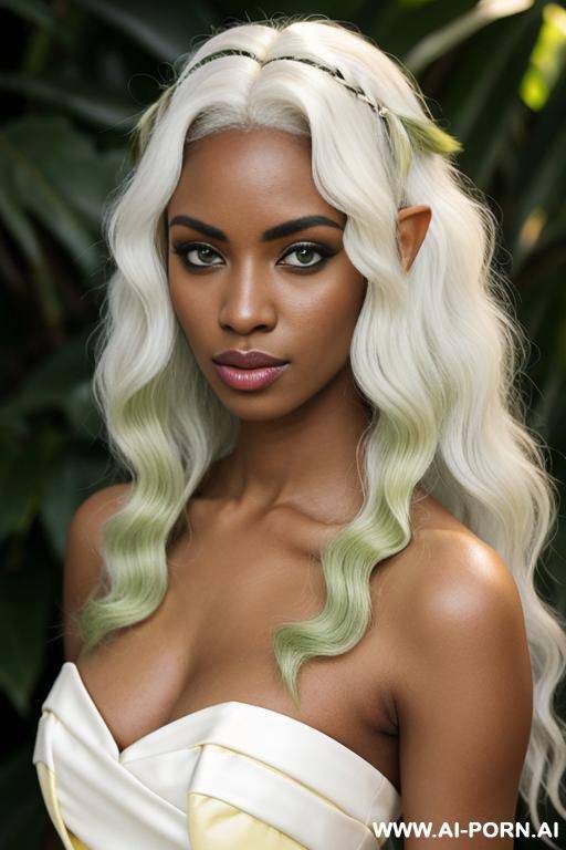 black woman, white wavy hair, green eyes, elf ears, white dress, busty, - #main