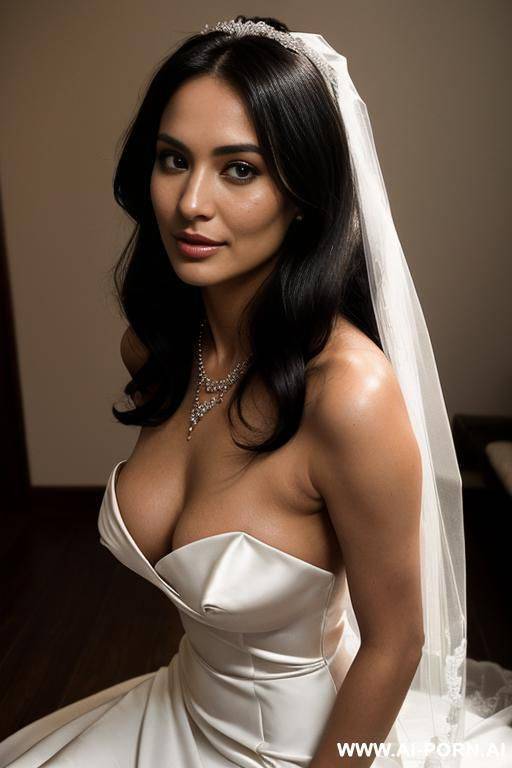 ( bride), (topless), (topless wedding dress), (perfect teardrop breasts), (sexy face), (elegant necklace), ( ), (eye contact), (tan), (super model) - #main