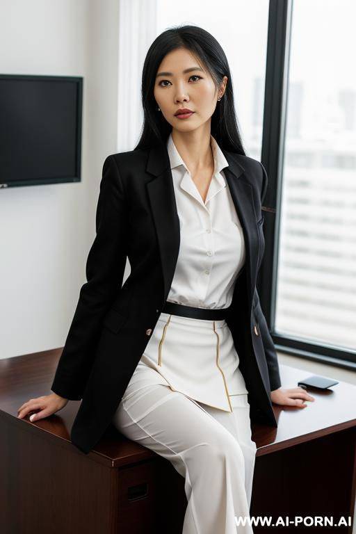 beautiful japanese woman, white long hairs, black casual oversize wide leg trousers, - #main