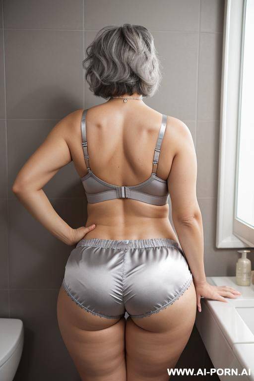 back view, 0 year old grandma, full body, standing, lady, very visible signs of age, short gray hair, triangular hips, thick thighs, wearing colorful satin shorts and bra, bathroom - #main