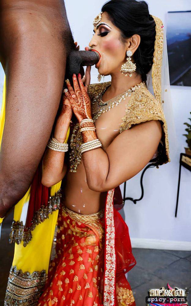 the two standing beautiful indian bride in public takes a huge black dick in the mouth and giving blowjob to the bride get covered by cum all over his bridal dress the bride realistic photo and real human - #main