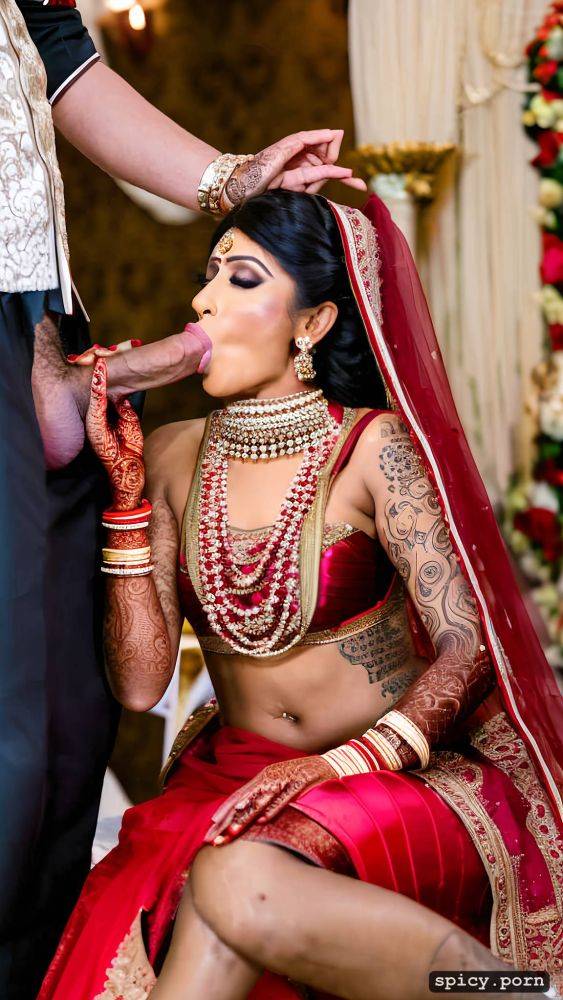 the two standing beautiful indian bride in wedding hall takes a huge black dick in the mouth and giving blowjob to the bride get covered by cum all over his bridal dress the bride realistic photo and real human - #main