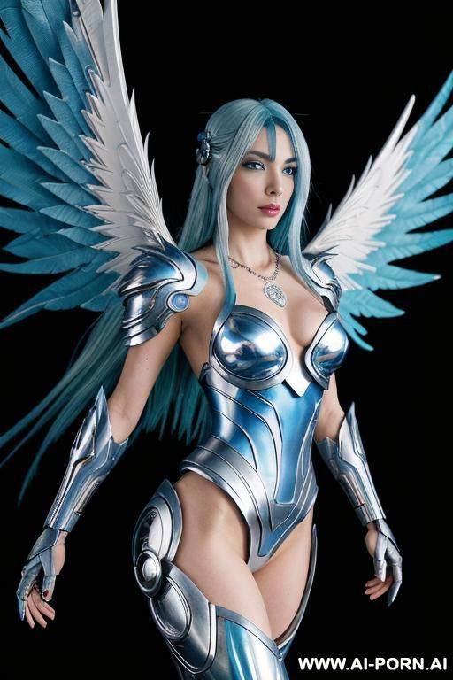 fantasy, cyborg woman, battle angel, body full of different elements, flying elements woman, fantasy feathers wings, transparent elements body, white skin, metalc silver arms, transforming her whole - #main