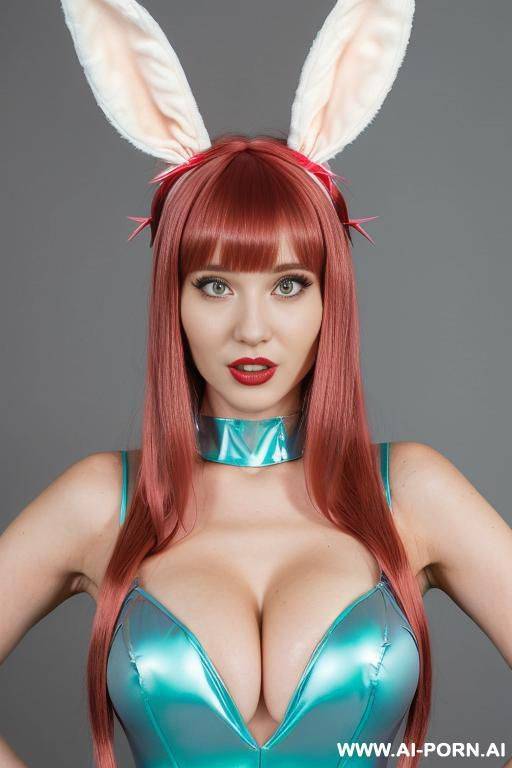 (short red hair), green eyes, (green bunny outfit), massive breasts, (two women), (kissing) - #main