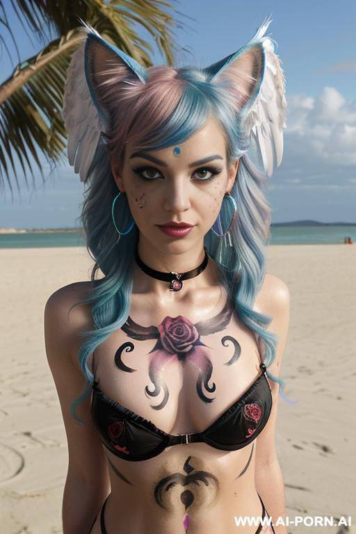 face, sexy, beautiful, ((evil woman)), ((face painting)), ((body painting)), ((bikini as seashell)), ((fantasy bikini)), ((roses)), ((eyes shw)), ((angel wings)), ((choker)), ((rainbow hair)), (( makeup)), - #main