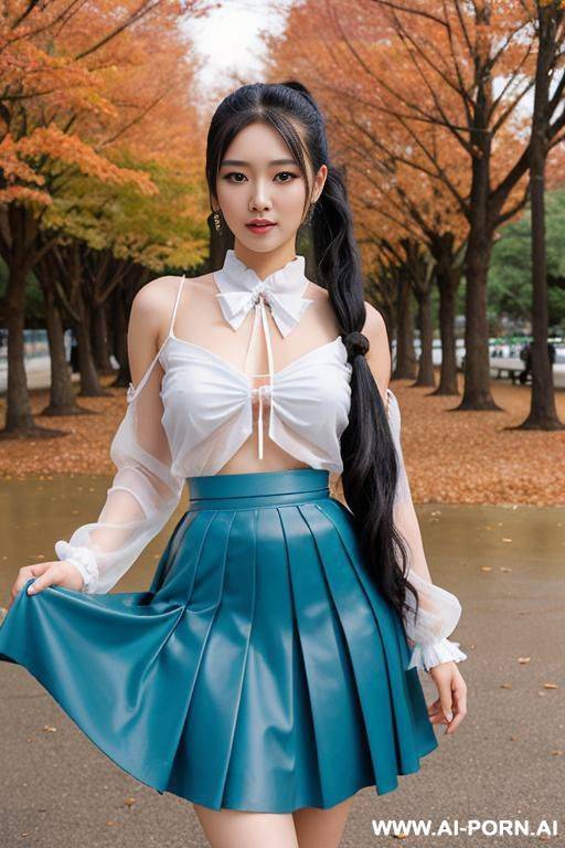 beautiful sexy 20 year old long black hair woman posing naked, no makeup, brown eyes, ponytail, standing by park, good hands, perfect fingers, gauze angel dress, costume with blue accents, white cyan, japanese, lifting her skirt, front view - #main