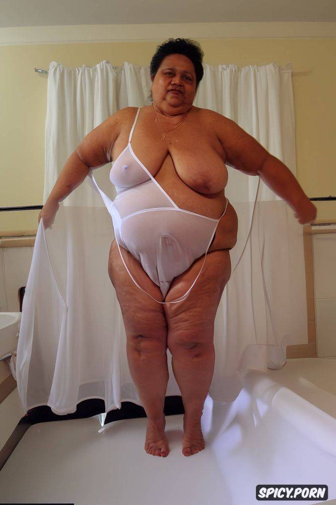 wearing tight long white sheer night gown, fupa, an old fat saudi granny - #main