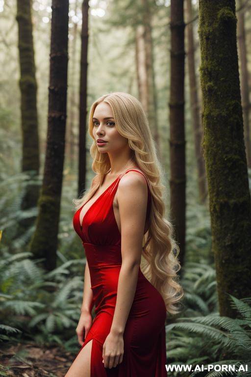 a 0 year old woman, very beautiful, with long blond hair and a very low-cut fire red dress, in the forest, photorealistic - #main