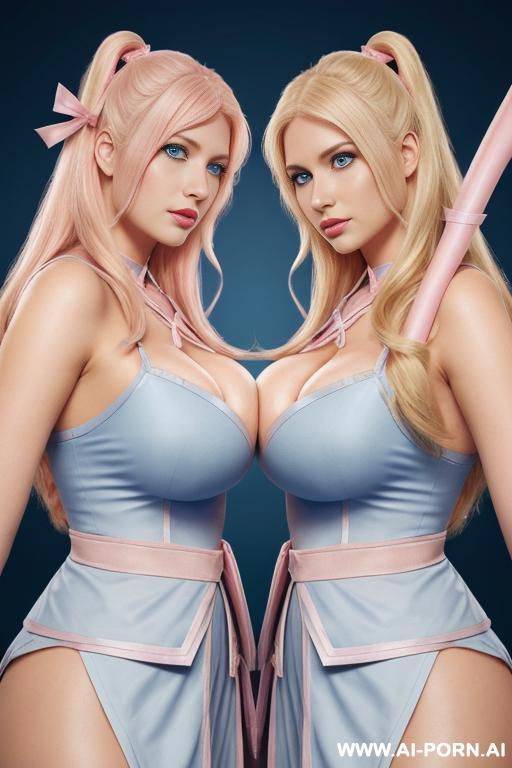 only two blonde womans, blue eyes, huge massive gigantic boobs, hair ribbon, pink healer cleric outfit, and her twin archer sister with light blue archer outfit - #main