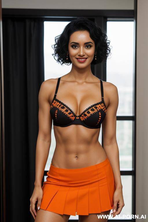 indians, black hair, short curly hair, fit, abs, arm flexing, navel piercing, orange bra, orange skirt, looking at camera, tall, full body, view from far, holding panty in one hand - #main