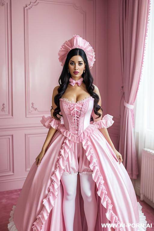 araffe dressed in a pink and white costume standing in a pink room, rococo, aestheticism, frilly outfit - #main