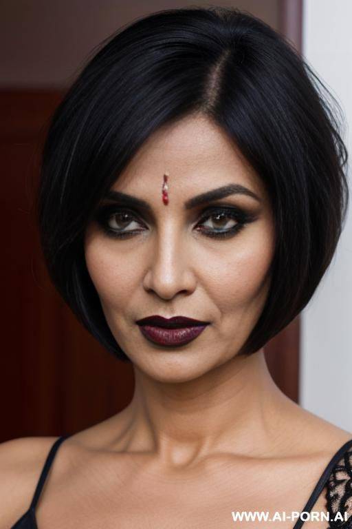 bimbo mature, indian, milf, horny face, want to fuck, cuckold, cheating, hungry for sex, seductive look, busty, dark lipstick, villain, ulta quality photorealism, indian ethnic dress, round face, demon, same face, keep face. - #main