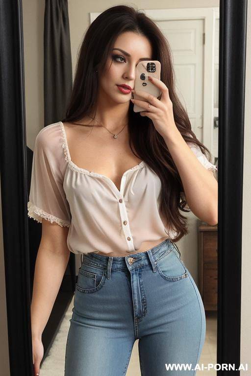 woman long hair short blouse with the inscription los high-waisted jeans selfie photo in the mirror - #main