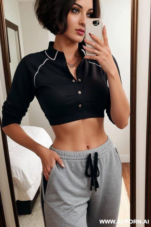 woman short hair sweatpants unbuttoned selfie photo in the mirror - #main